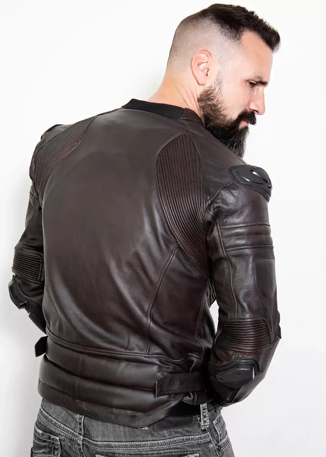 Mens Brown Leather Motorcycle Jacket with Armor - Luca Designs