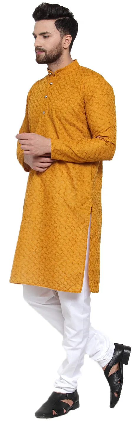 Men's Cotton Chikan Kurta Pajama Evening Wear India Apparel (Mustard)