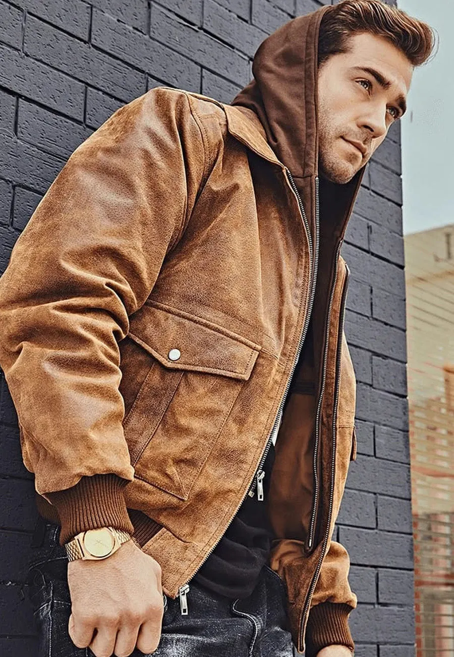 Men’s Tan Brown Distressed Leather Removable Hood Bomber Jacket