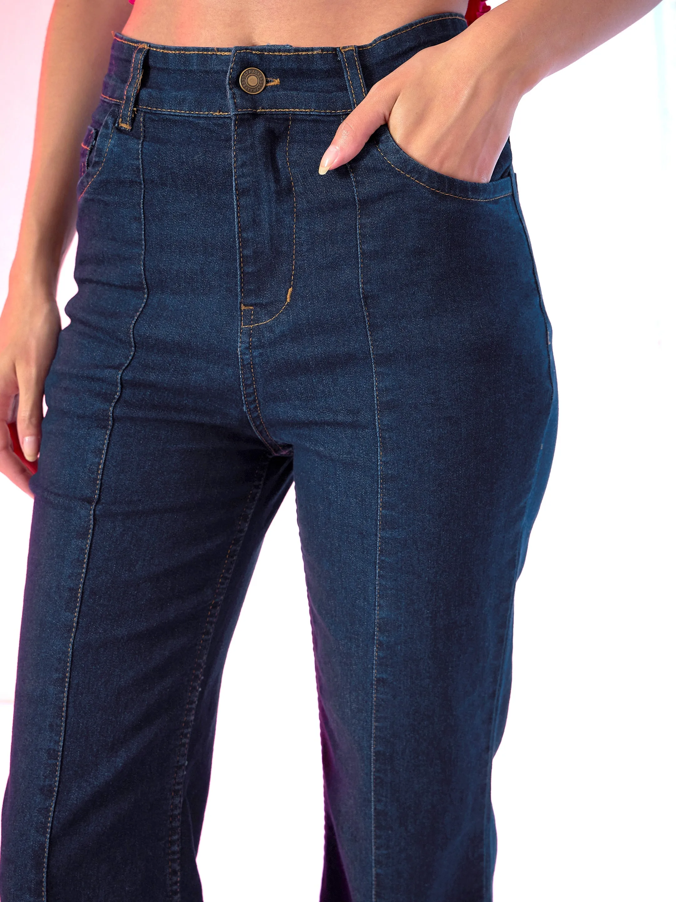 Navy Blue Front Slit Bell Bottom Jeans