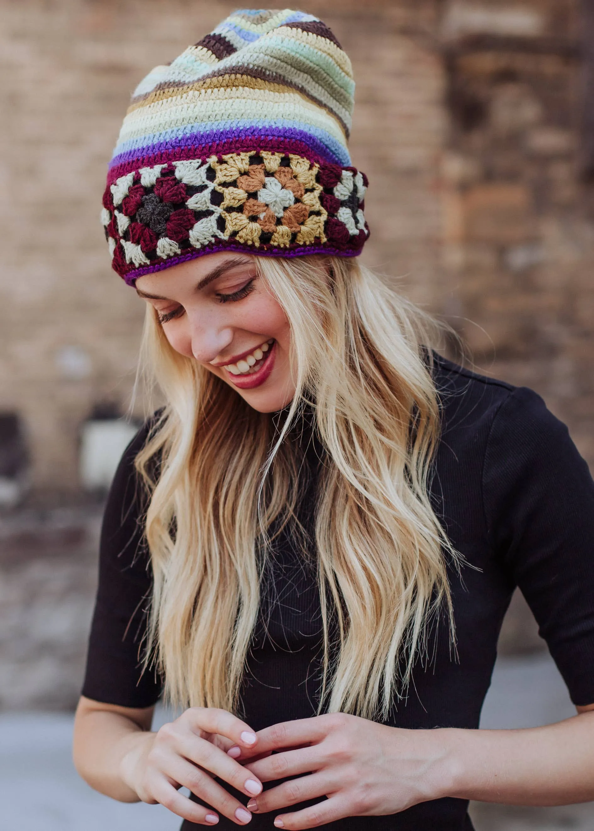 Panache Apparel Co. - Yellow, Brown & Blue Crochet Beanie