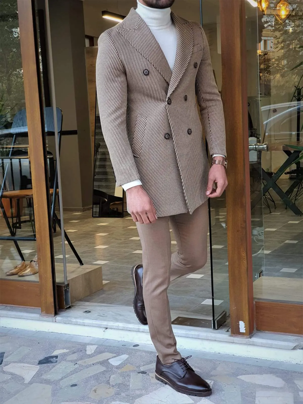 Paruri Camel Slim Fit Wool Long Coat