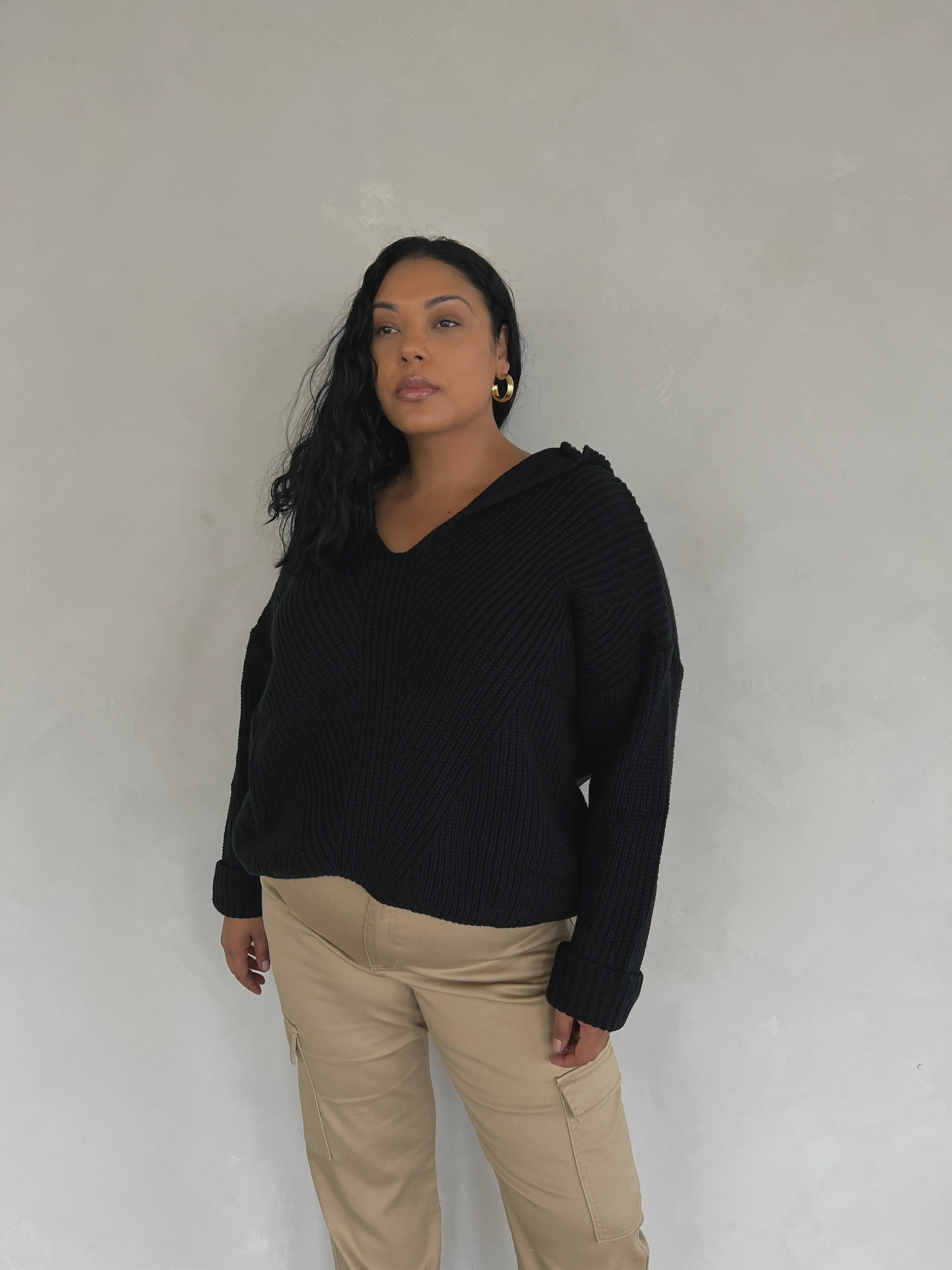 Plus Size V-Neck Hooded Sweater