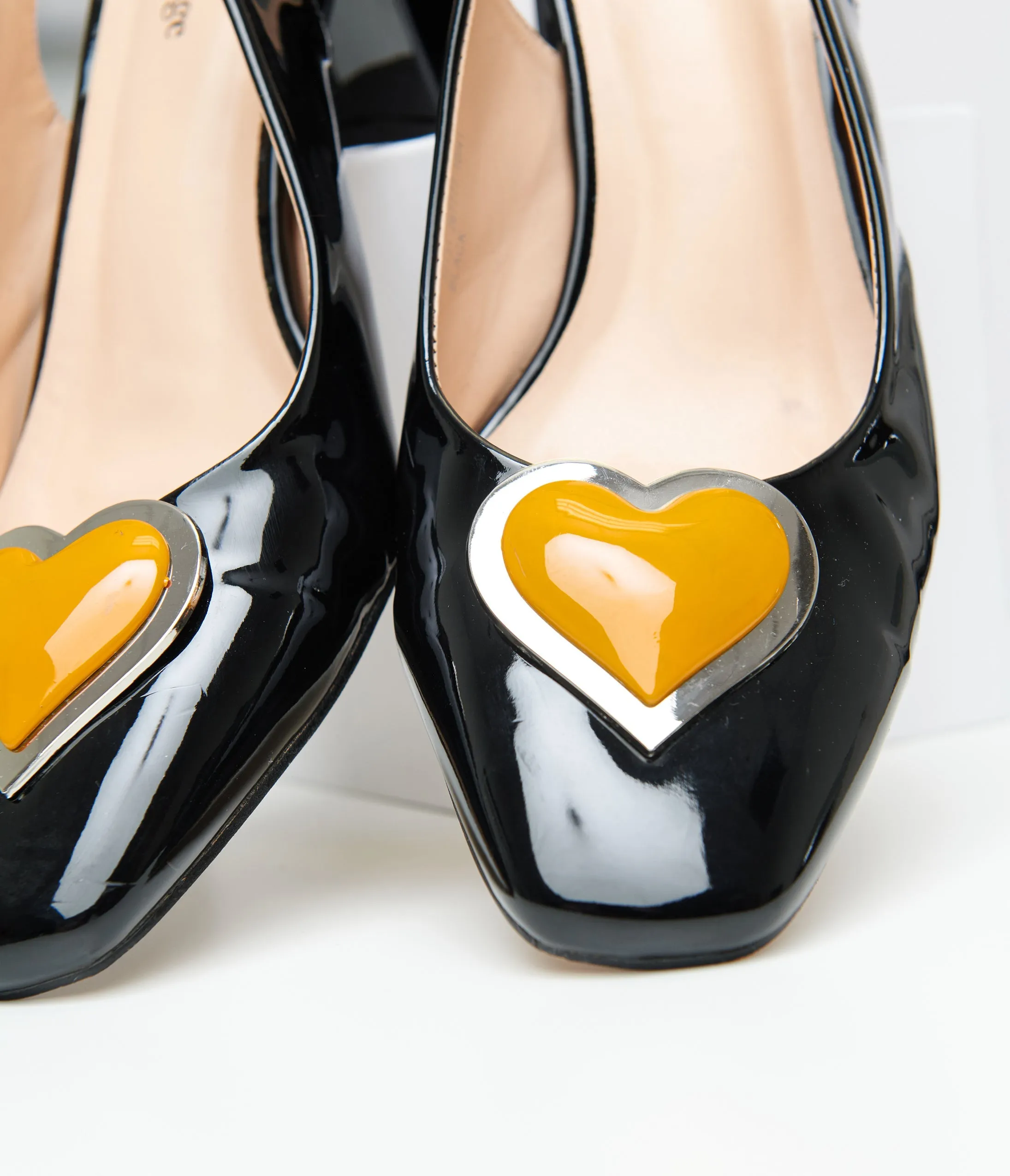 Preorder-Unique Vintage Black & Orange Heart Leatherette Slingback Heels