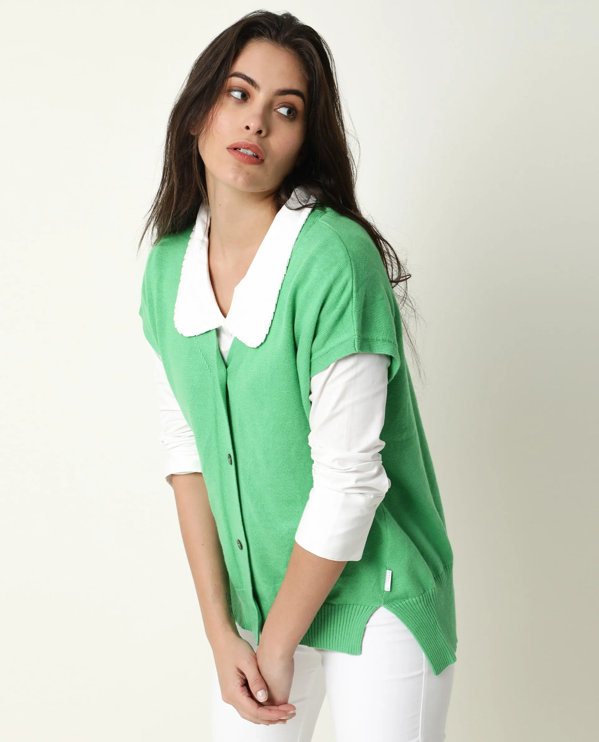 Rareism Women Pave Green Cotton Fabric Half Sleeves Regular Fit Solid V-Neck Sweater