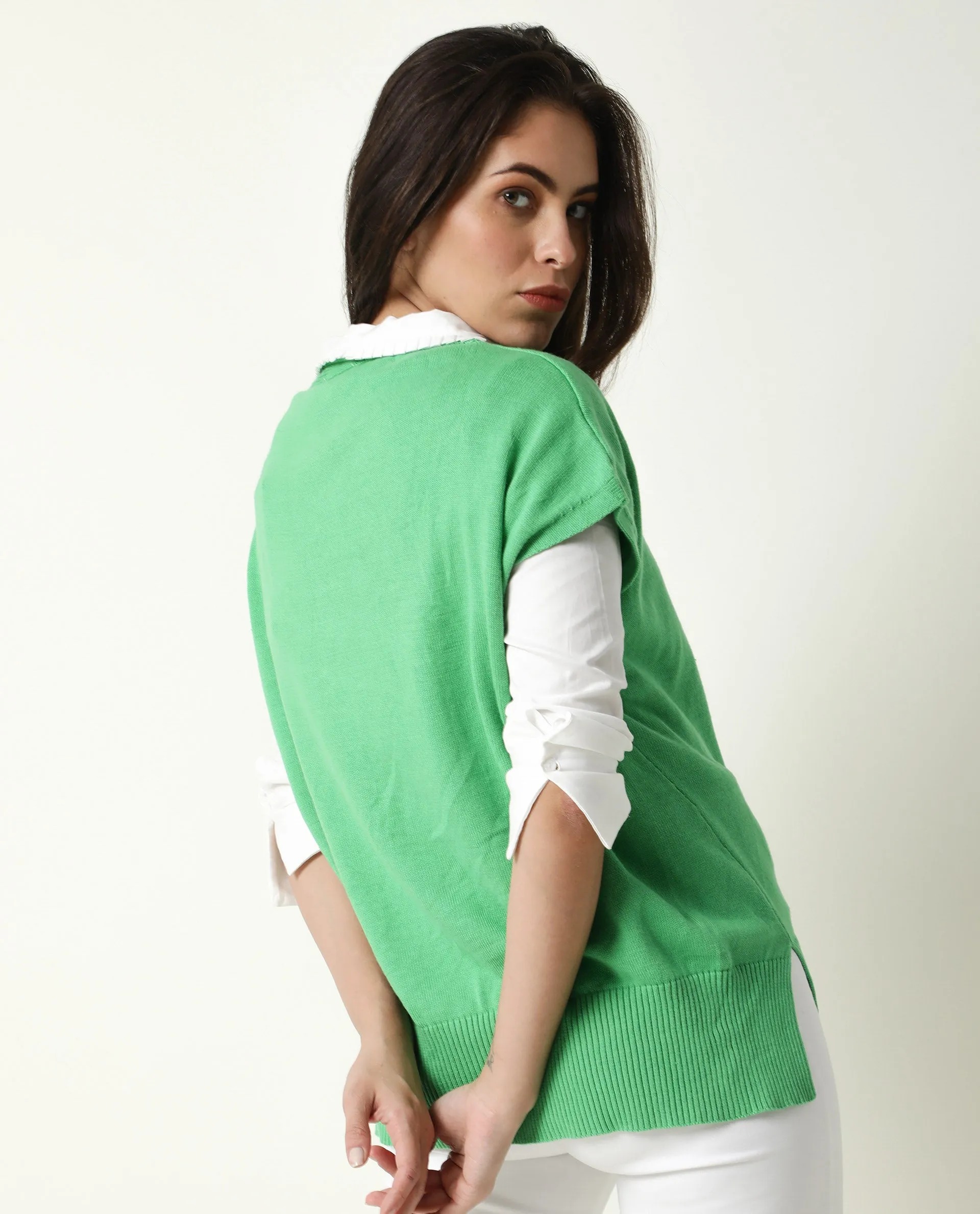 Rareism Women Pave Green Cotton Fabric Half Sleeves Regular Fit Solid V-Neck Sweater