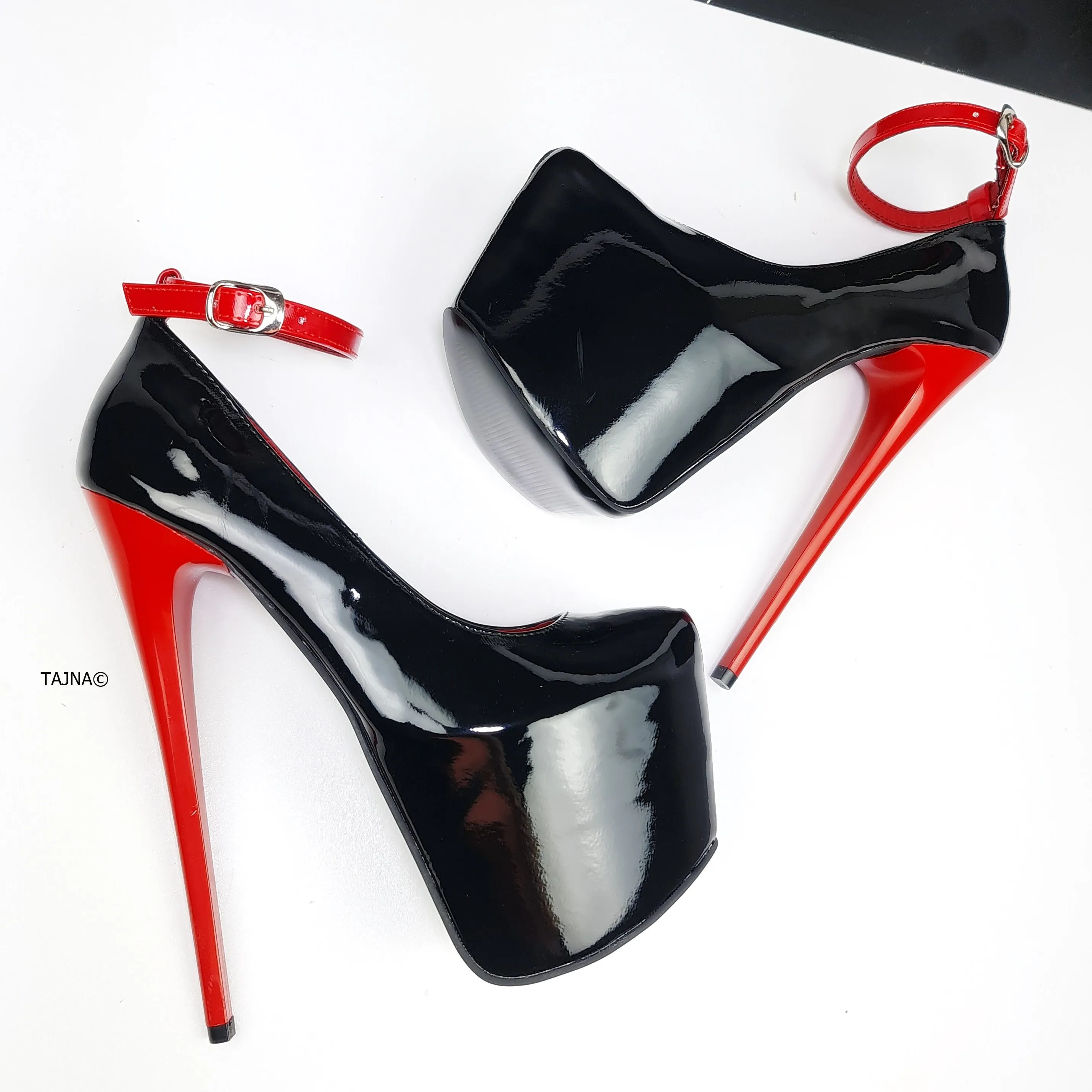 Red Black Gloss Ankle Strap High Heel Pumps