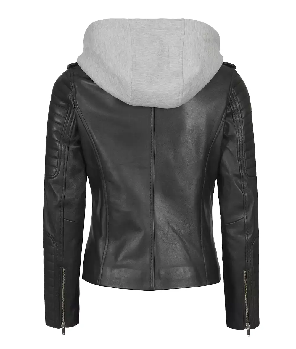 Removable Hooded Women Black Real Leather Jacket