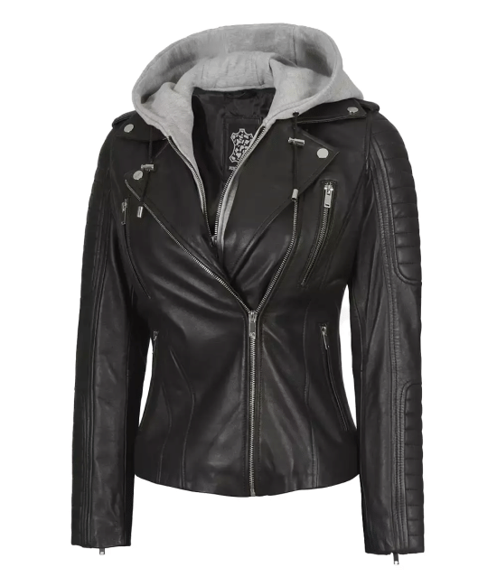 Removable Hooded Women Black Real Leather Jacket