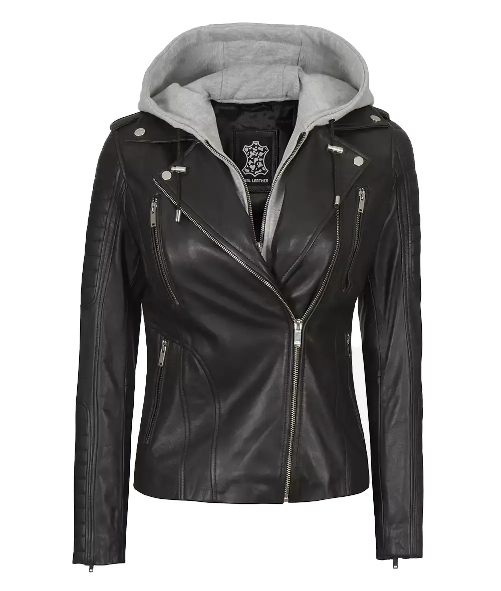 Removable Hooded Women Black Real Leather Jacket