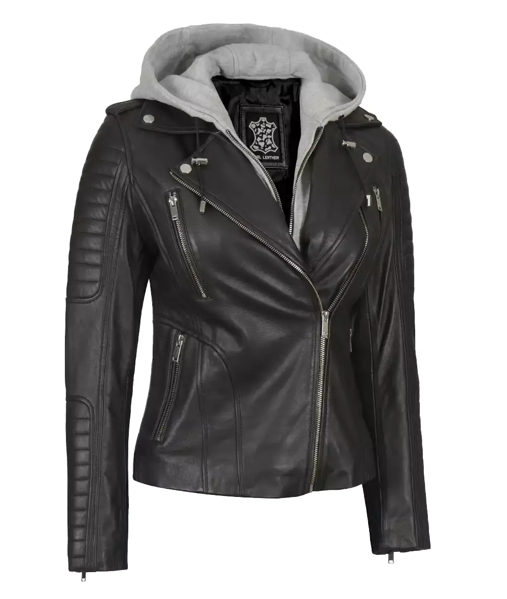 Removable Hooded Women Black Real Leather Jacket