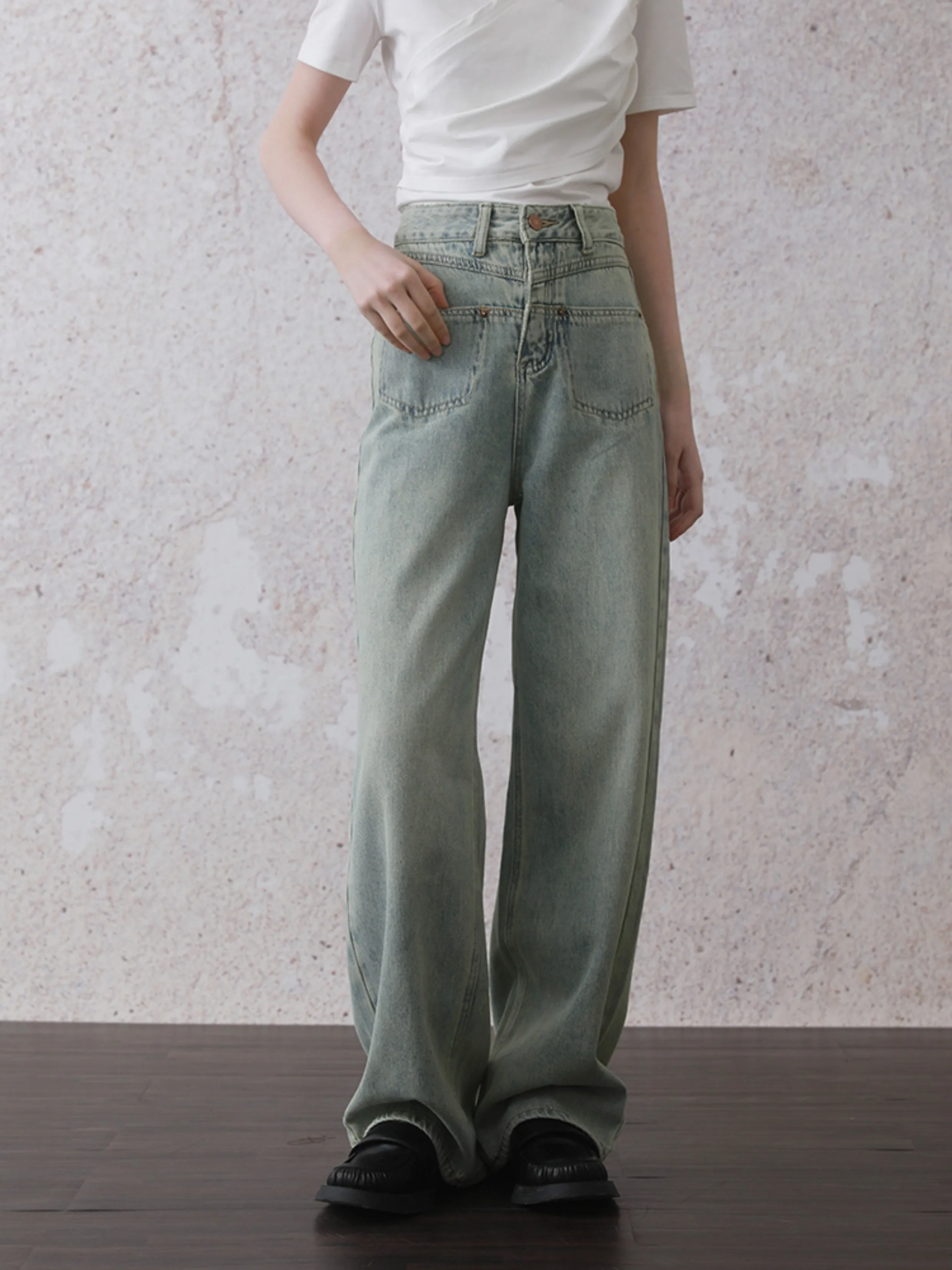 Retro Washed Distressed Wide-leg Front Pocket Jeans