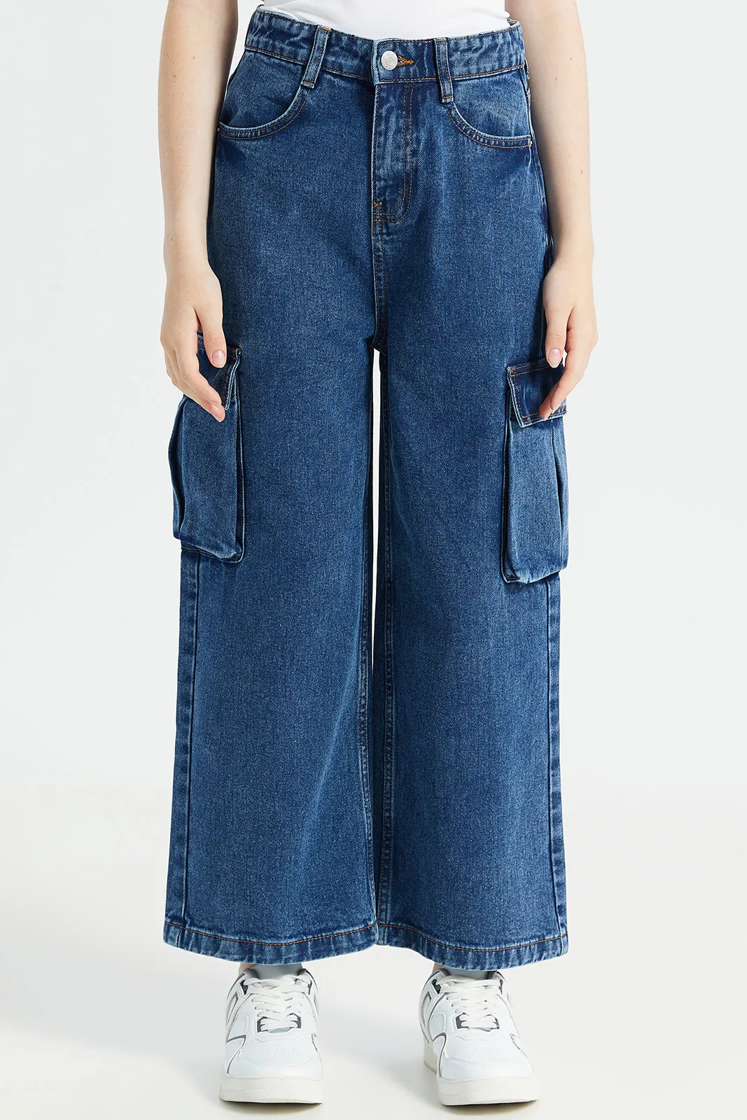 Senior Girls  Blue Wide leg Cargo Pocket Jeans