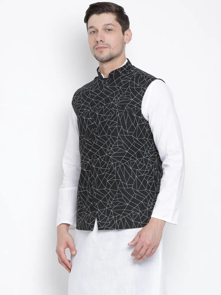 VASTRAMAY Men's Black Cotton Blend Ethnic Jacket