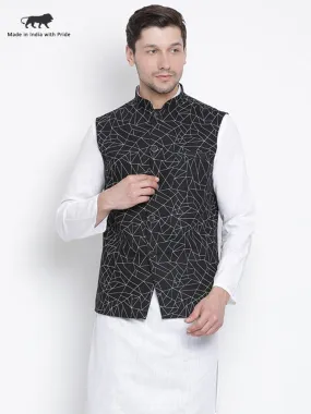 VASTRAMAY Men's Black Cotton Blend Ethnic Jacket