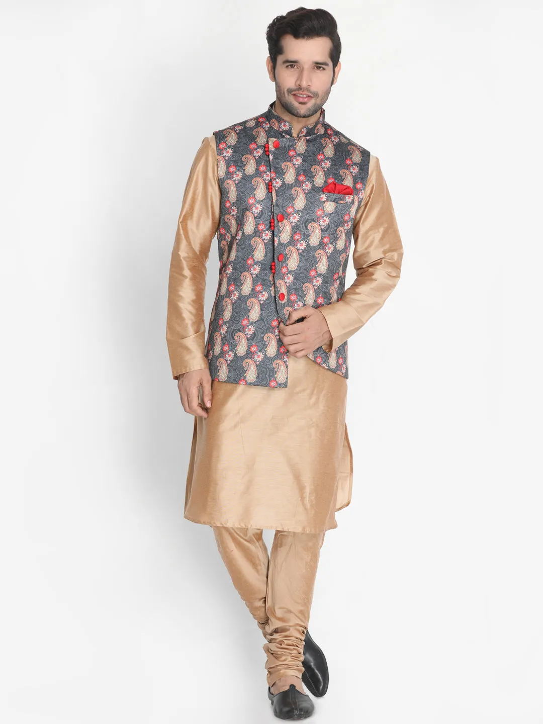 VASTRAMAY Men's Gold Cotton Blend Kurta, Ethnic Jacket and Pyjama Set