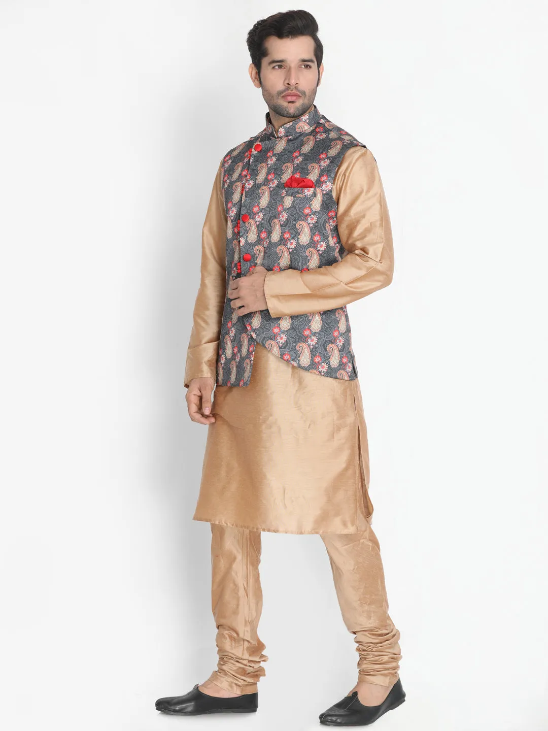 VASTRAMAY Men's Gold Cotton Blend Kurta, Ethnic Jacket and Pyjama Set