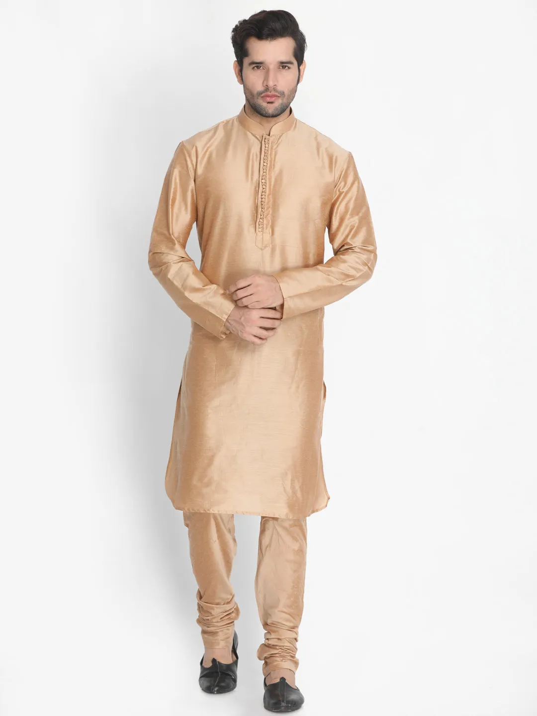 VASTRAMAY Men's Gold Cotton Blend Kurta, Ethnic Jacket and Pyjama Set