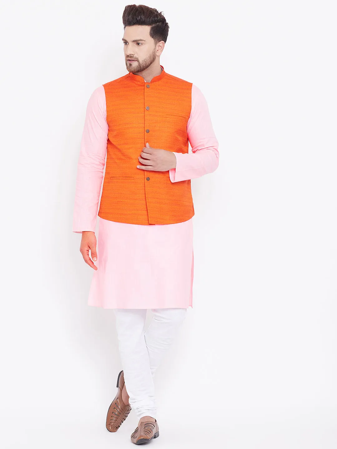 VASTRAMAY Men's Orange, Pink And White Cotton Blend Jacket, Kurta and Pyjama Set