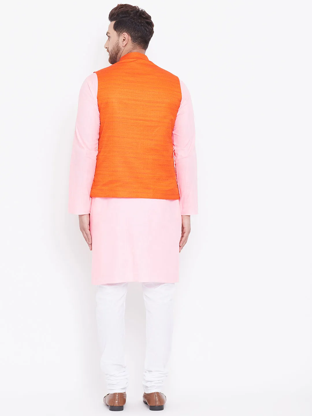 VASTRAMAY Men's Orange, Pink And White Cotton Blend Jacket, Kurta and Pyjama Set