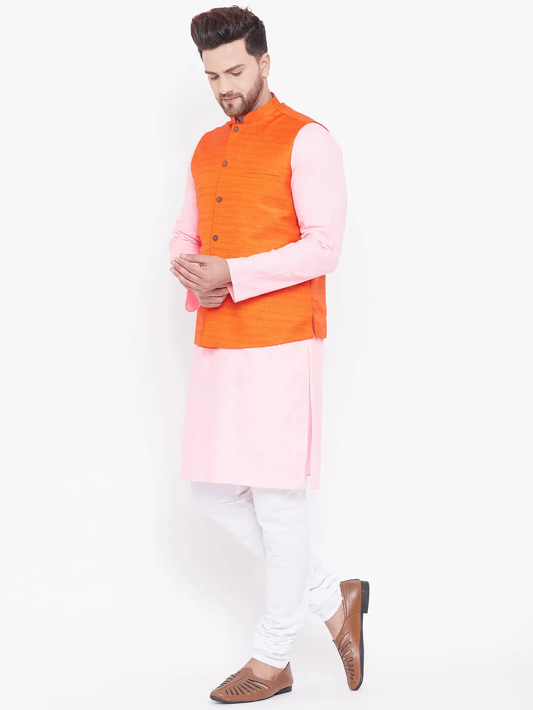 VASTRAMAY Men's Orange, Pink And White Cotton Blend Jacket, Kurta and Pyjama Set