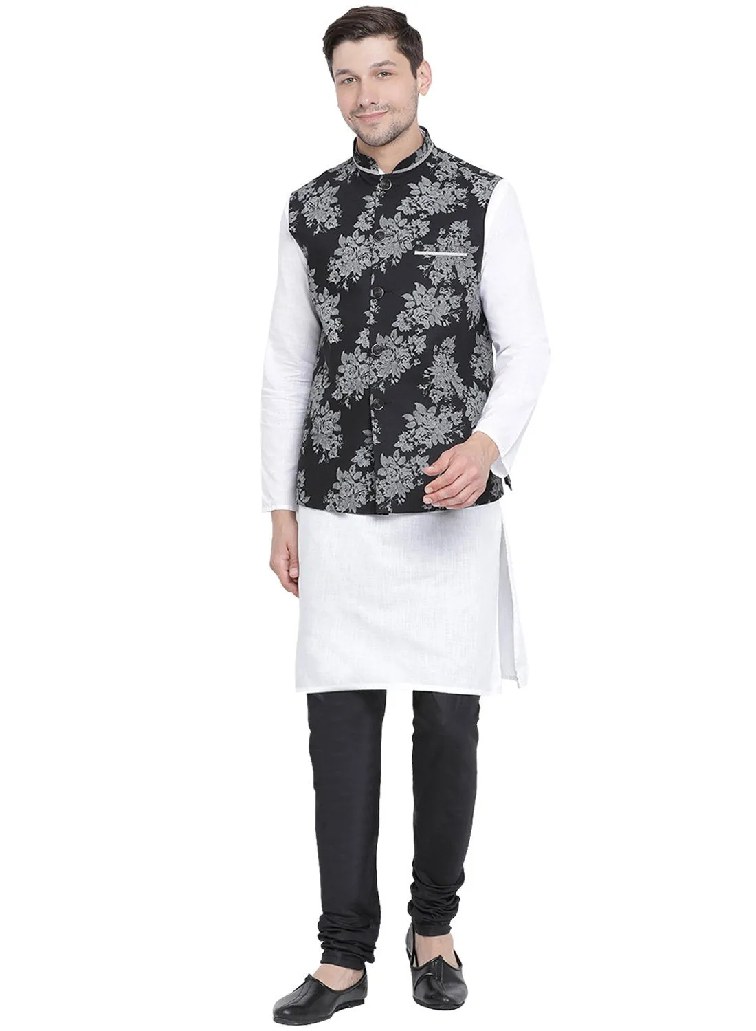 VASTRAMAY Men's White Cotton Blend Kurta, Ethnic Jacket and Pyjama Set