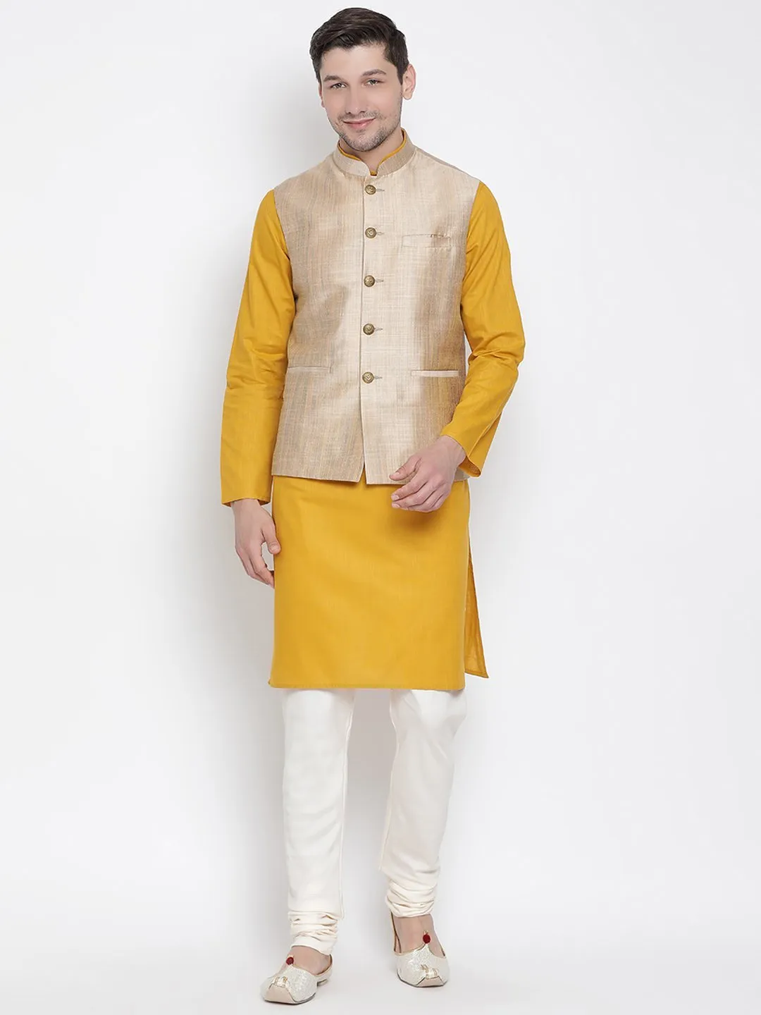 VASTRAMAY Men's Yellow Cotton Blend Kurta, Ethnic Jacket and Pyjama Set