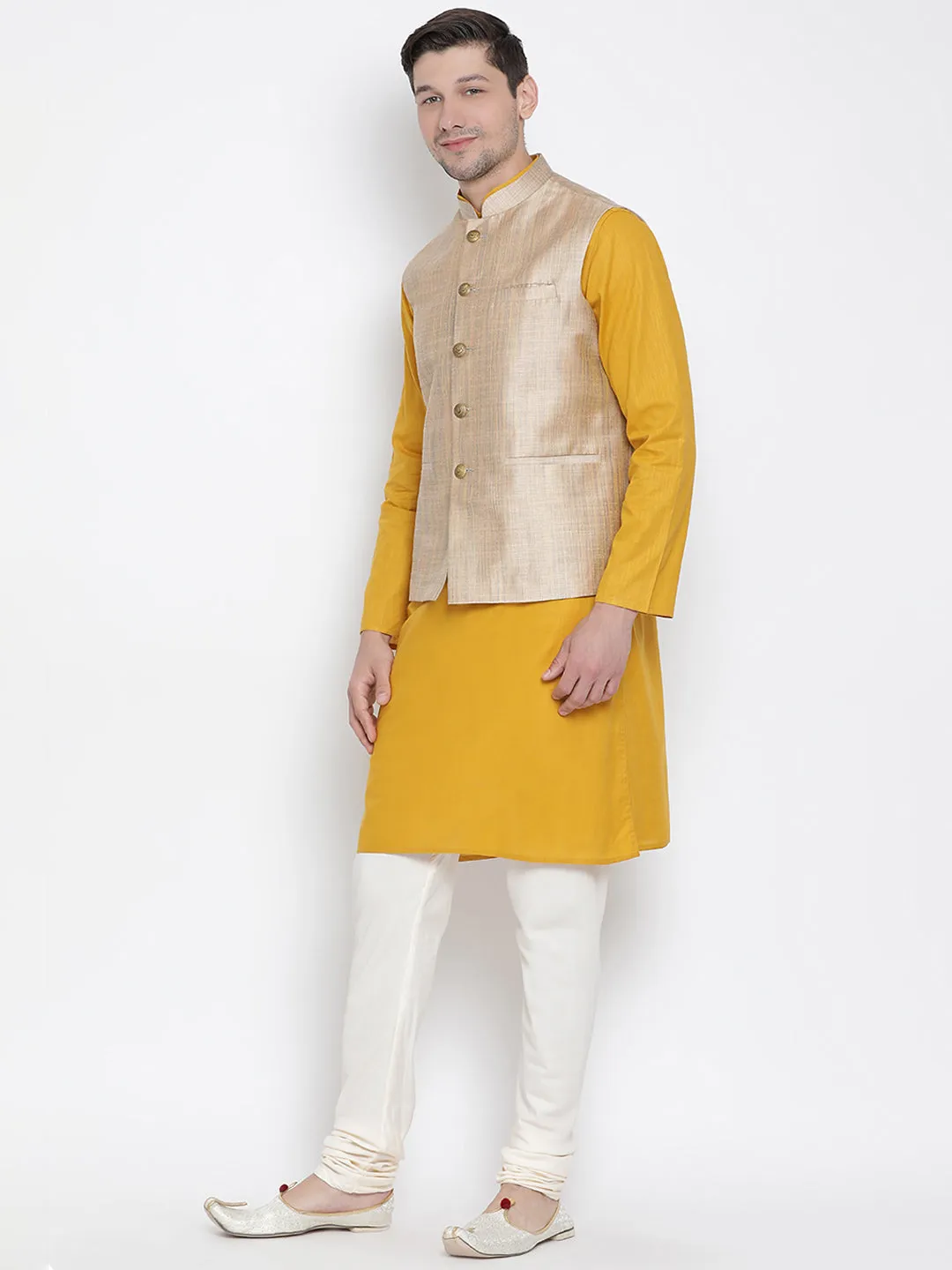 VASTRAMAY Men's Yellow Cotton Blend Kurta, Ethnic Jacket and Pyjama Set