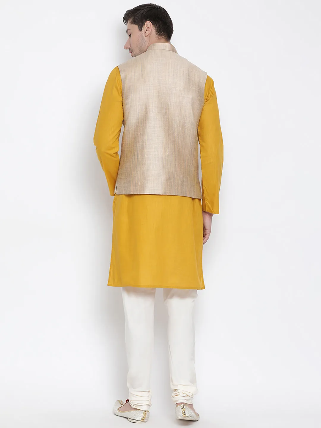 VASTRAMAY Men's Yellow Cotton Blend Kurta, Ethnic Jacket and Pyjama Set