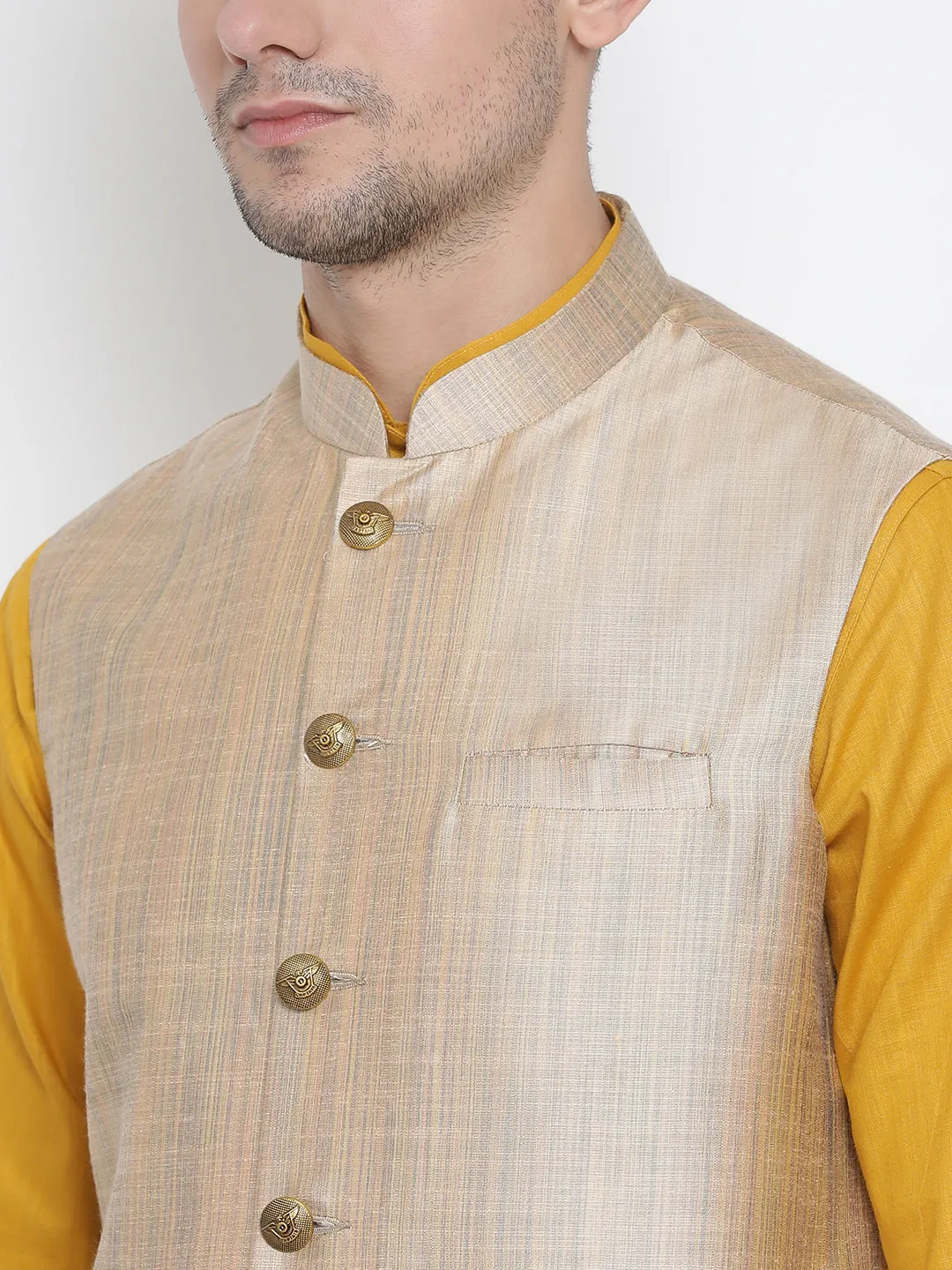 VASTRAMAY Men's Yellow Cotton Blend Kurta, Ethnic Jacket and Pyjama Set