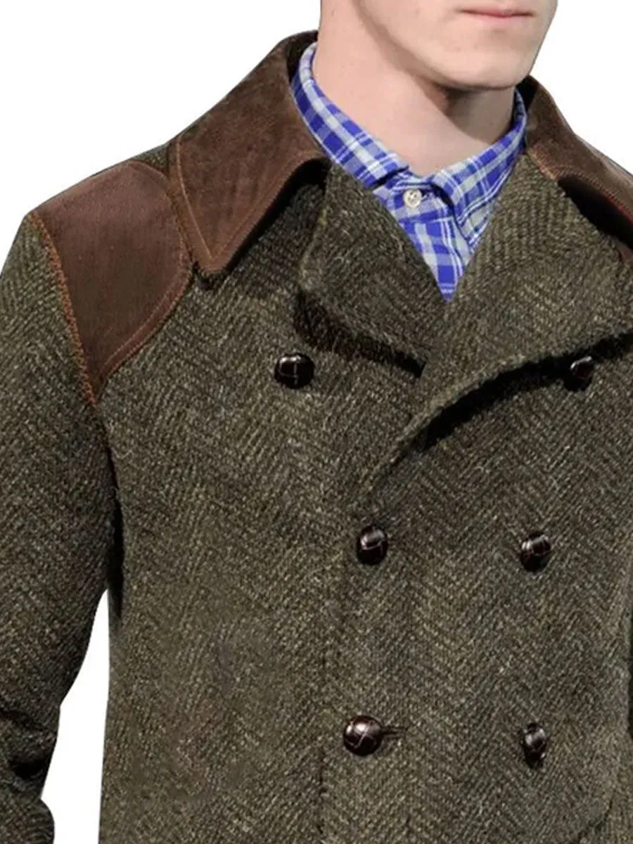 Vintage Herringbone Wool And Suede Patchwork Double-Breasted Casual Coat