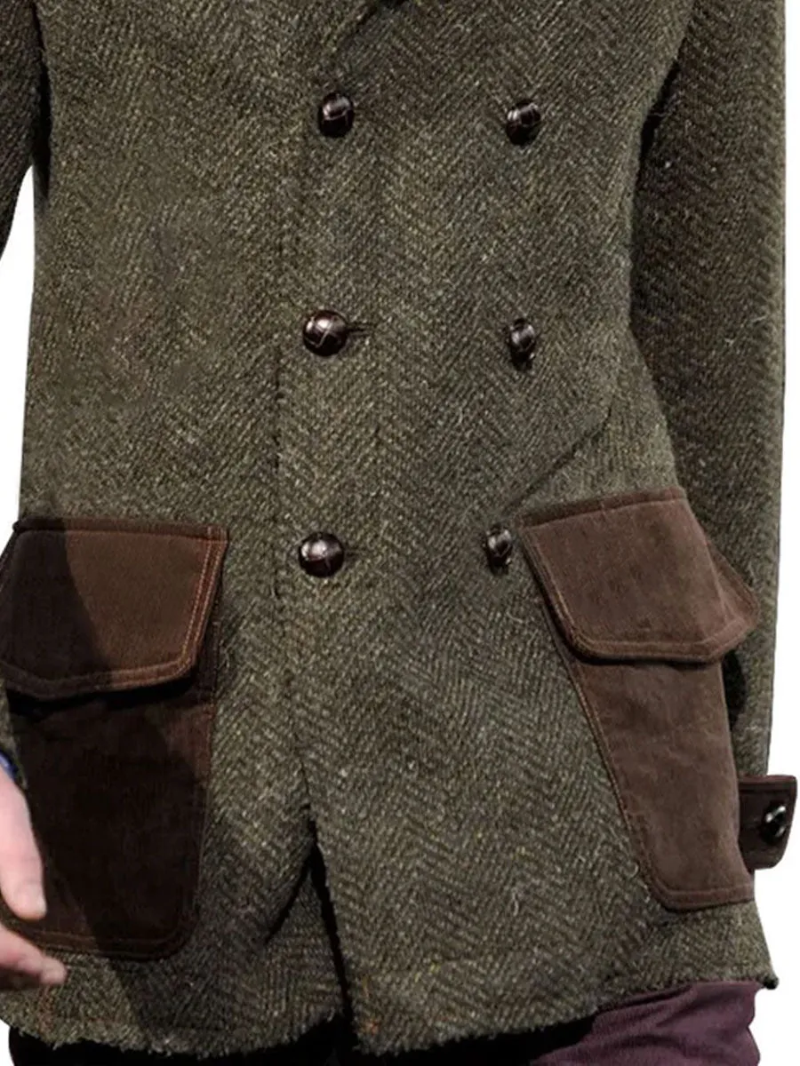 Vintage Herringbone Wool And Suede Patchwork Double-Breasted Casual Coat