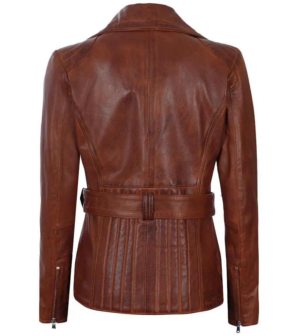 Women's Cognac Wax Asymmetrical Real Leather Jacket