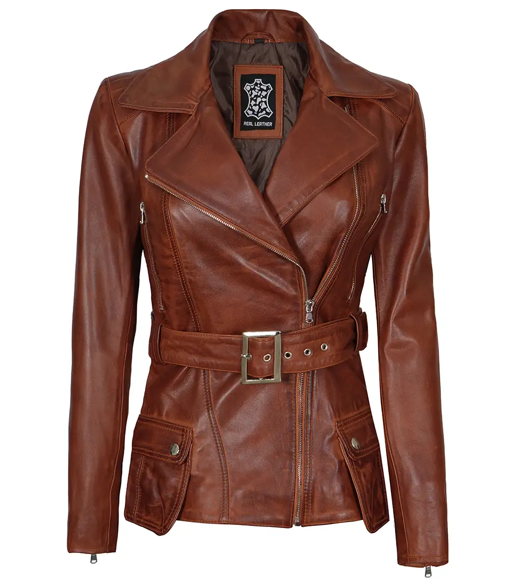 Women's Cognac Wax Asymmetrical Real Leather Jacket