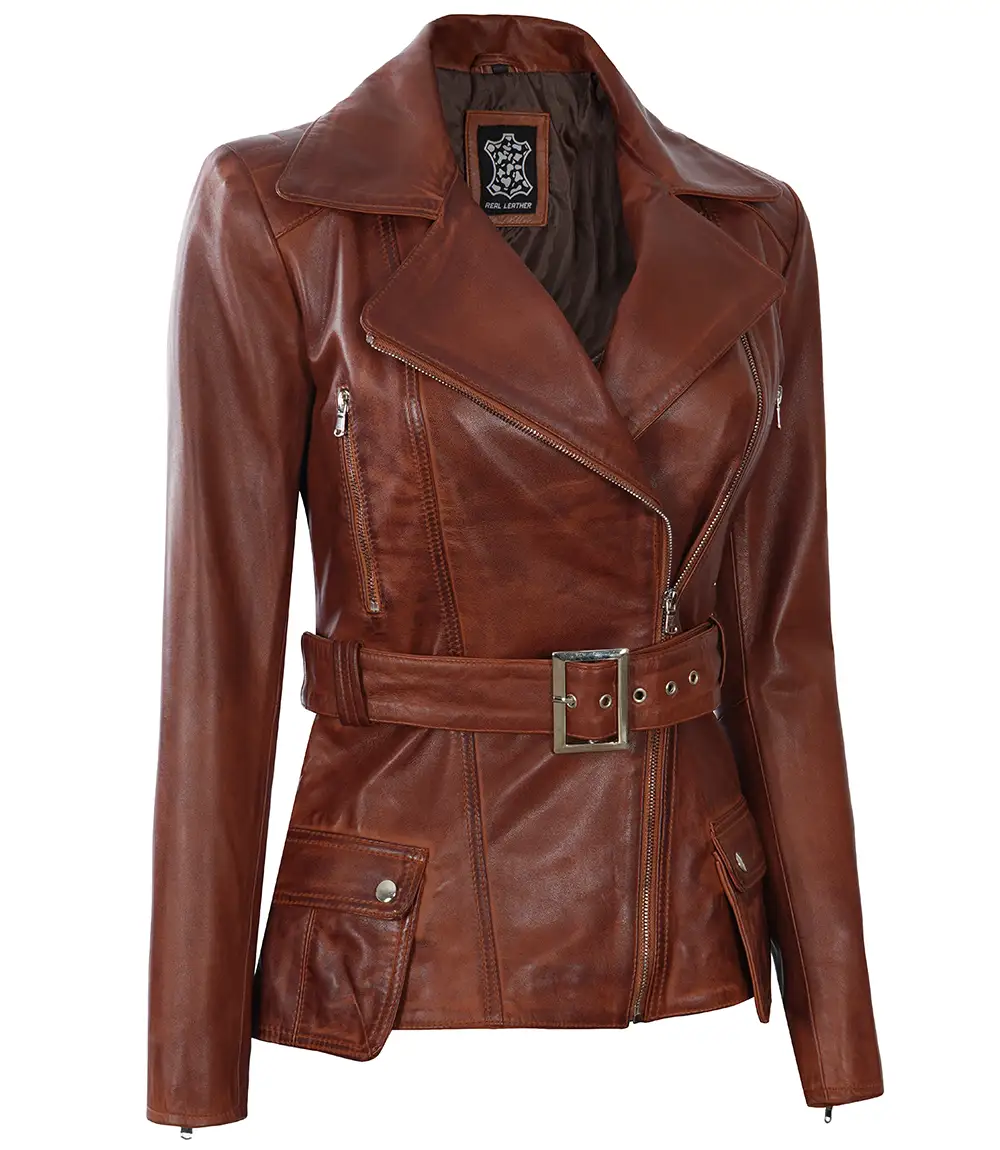 Women's Cognac Wax Asymmetrical Real Leather Jacket