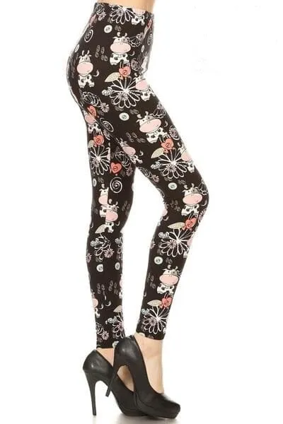 Womens Cow Leggings Soft Yoga Pants Black/Pink Sizes 0-18