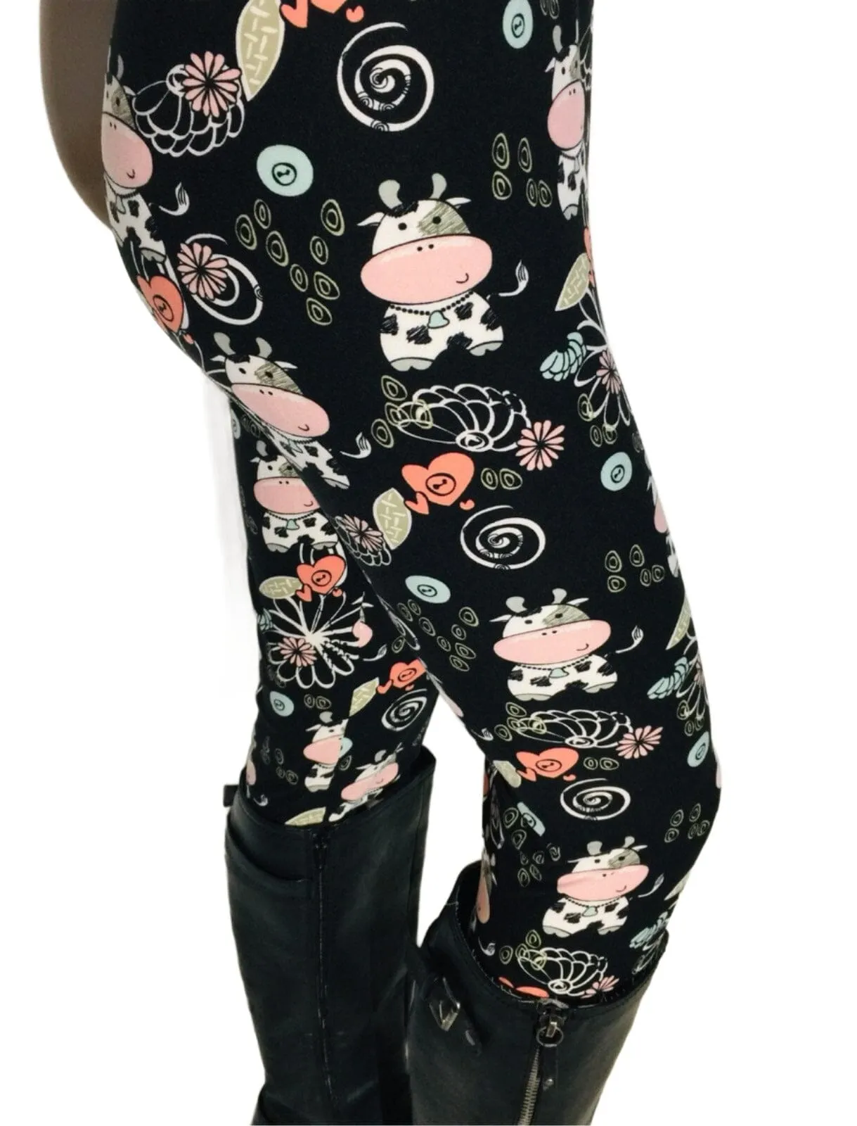 Womens Cow Leggings Soft Yoga Pants Black/Pink Sizes 0-18