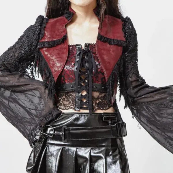 Women's Gothic Flared Sleeved Distressed Faux Leather Jacket Red