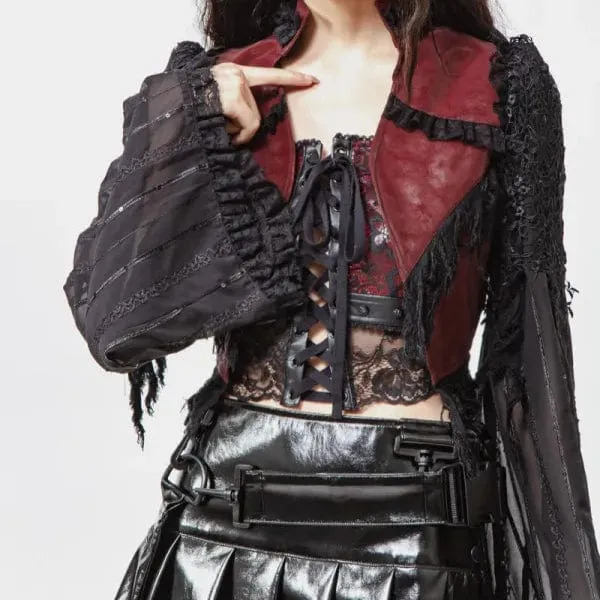 Women's Gothic Flared Sleeved Distressed Faux Leather Jacket Red