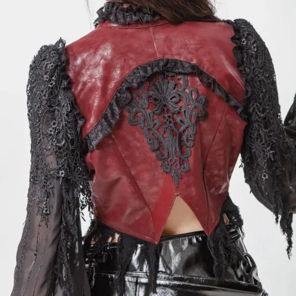 Women's Gothic Flared Sleeved Distressed Faux Leather Jacket Red