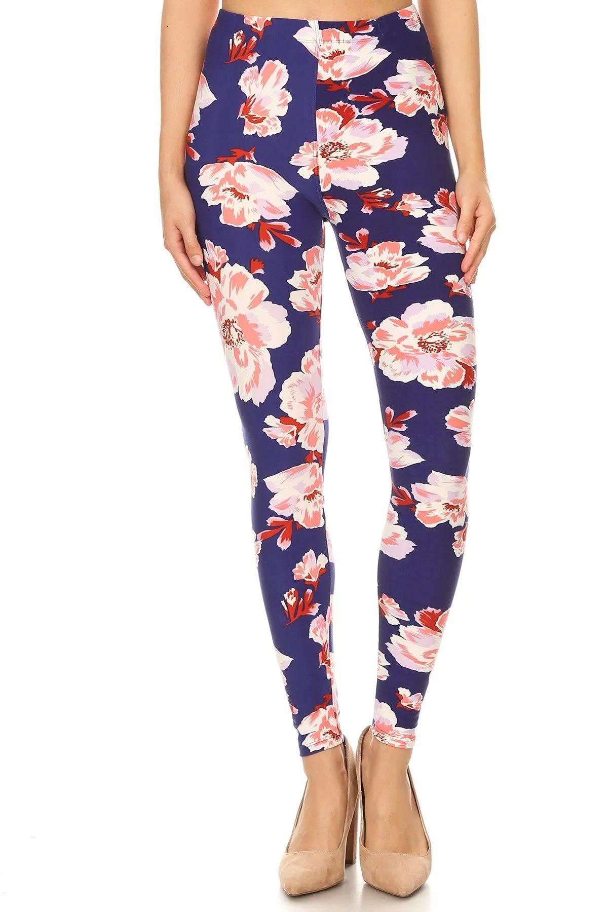 Women's Plus Big Pink Rose in Purple Pattern Printed Leggings