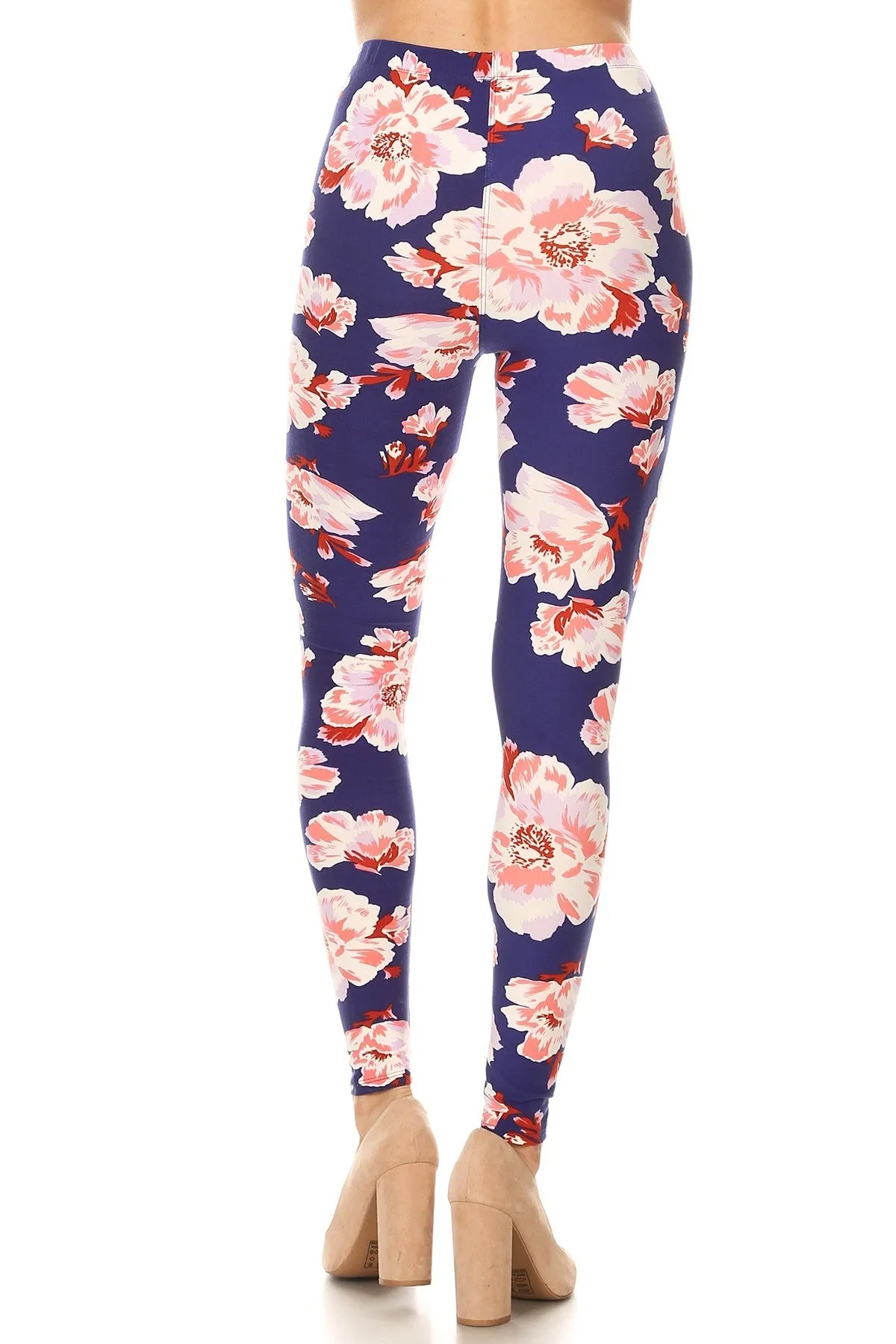 Women's Plus Big Pink Rose in Purple Pattern Printed Leggings