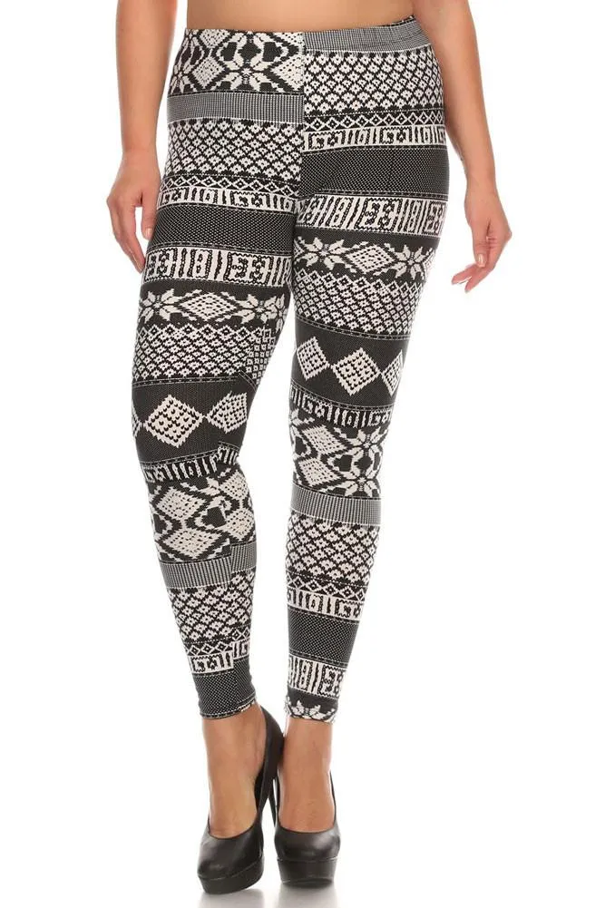 Women's Plus Tribal and Stripe Pattern Print Leggings - Black White