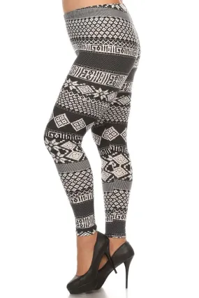 Women's Plus Tribal and Stripe Pattern Print Leggings - Black White