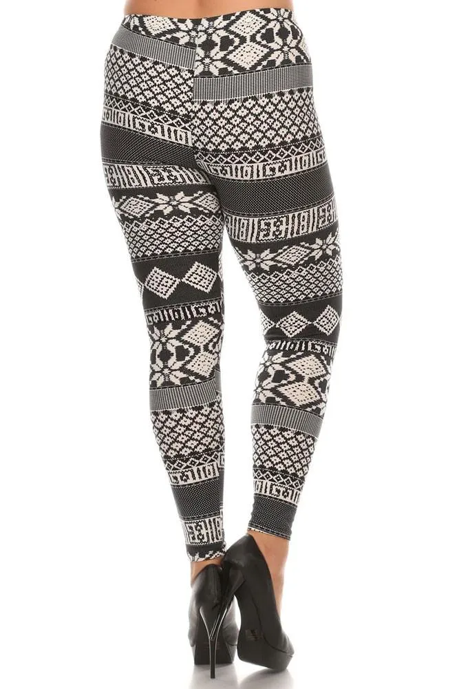 Women's Plus Tribal and Stripe Pattern Print Leggings - Black White