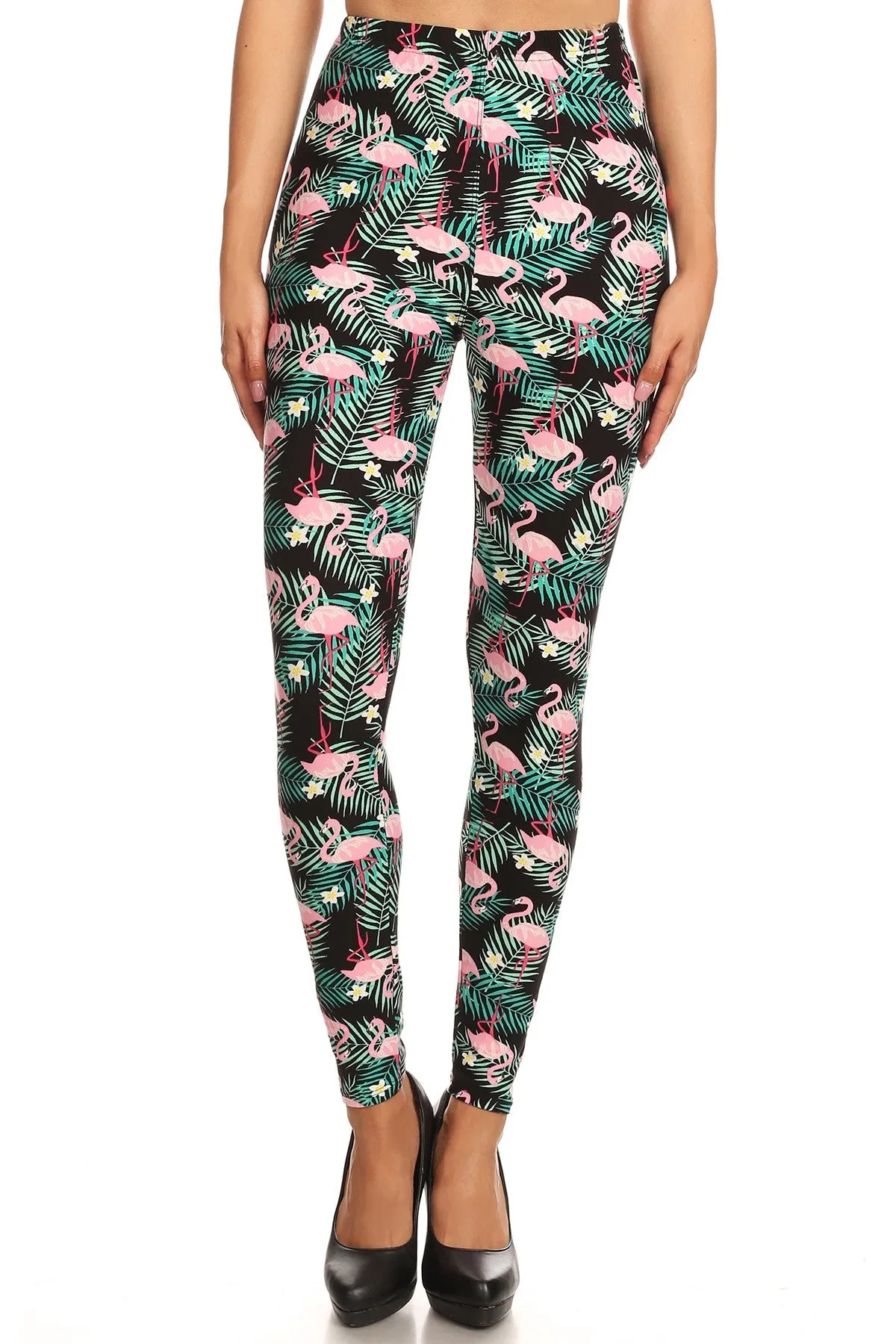 Women's Plus Tropical Plant Flamingo Pattern Printed Leggings