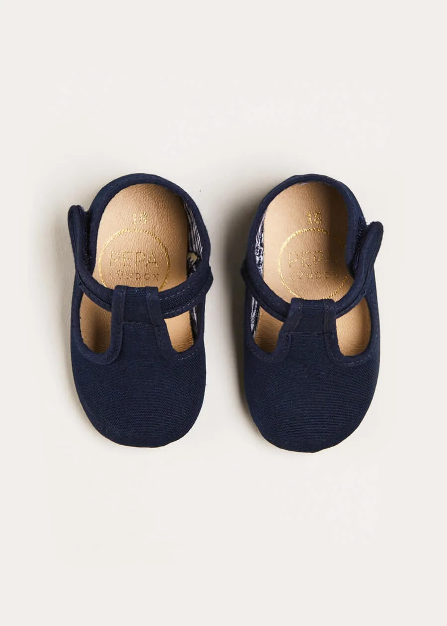 Woven T-Bar Pram Shoes in Navy (17-20EU)