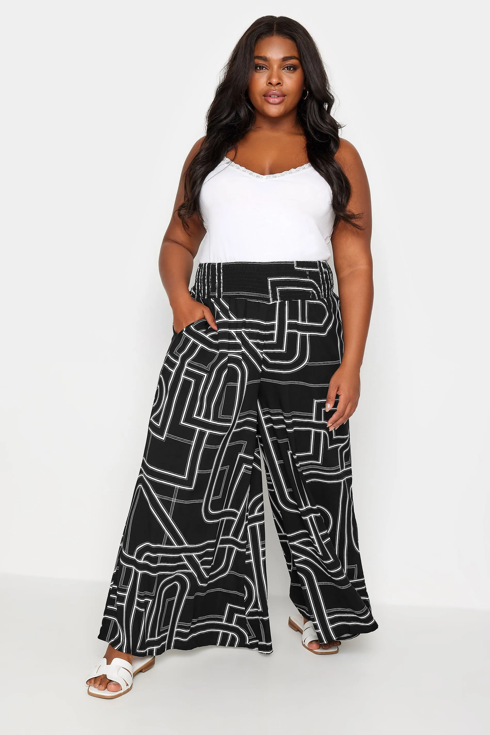 YOURS Curve Black Abstract Print Shirred Wide Leg Trousers