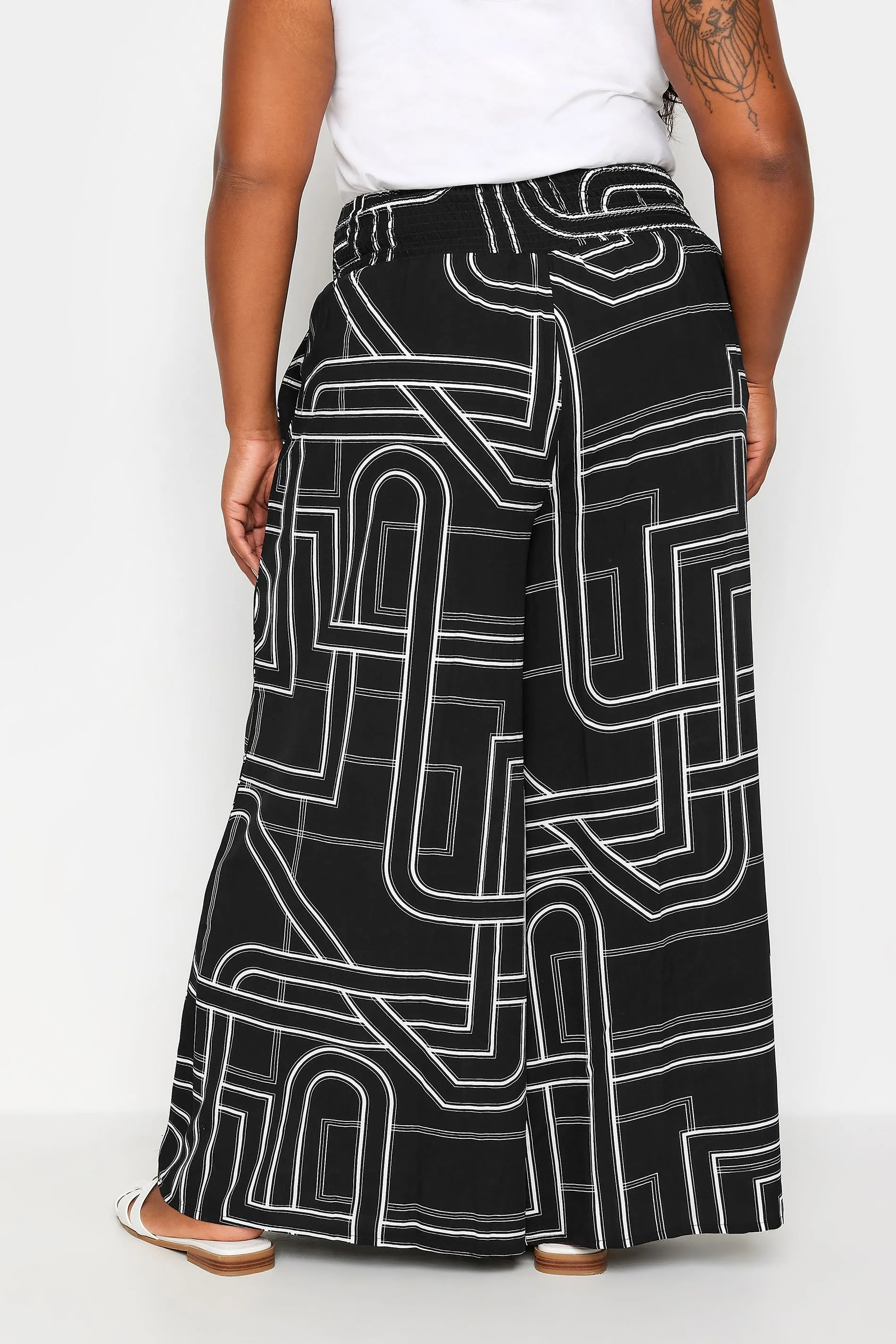 YOURS Curve Black Abstract Print Shirred Wide Leg Trousers