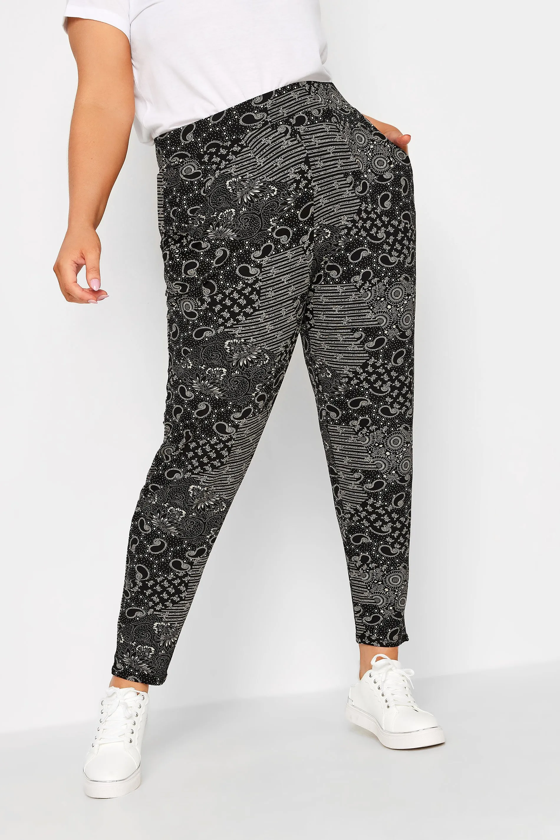 YOURS Curve Black Mixed Print Double Pleat Harem Trousers